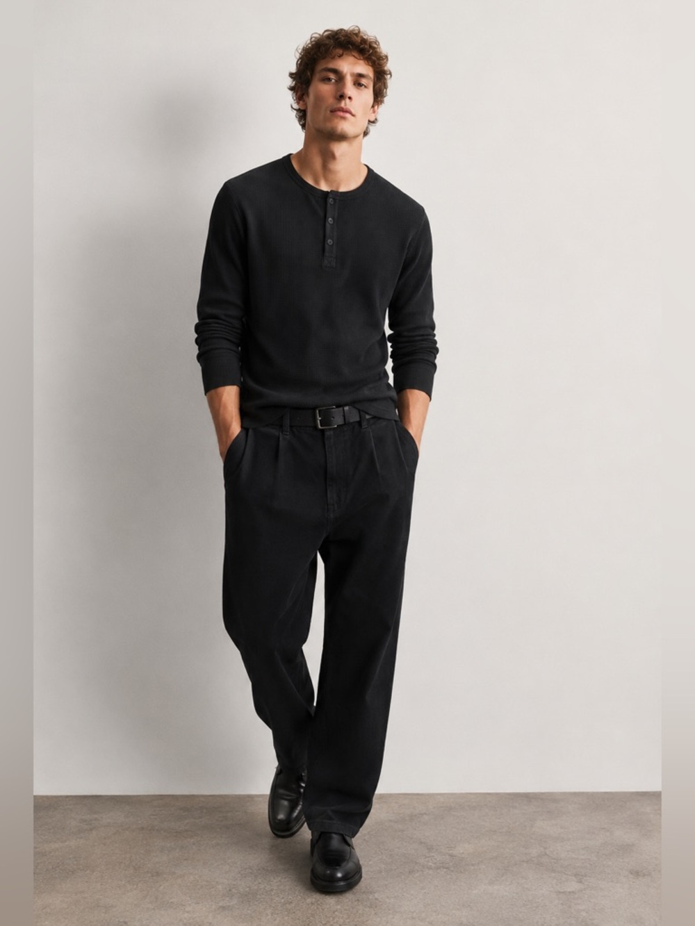 Buffalo David Bitton Black Waffle Knit Long Sleeve Henley Shirt Size L